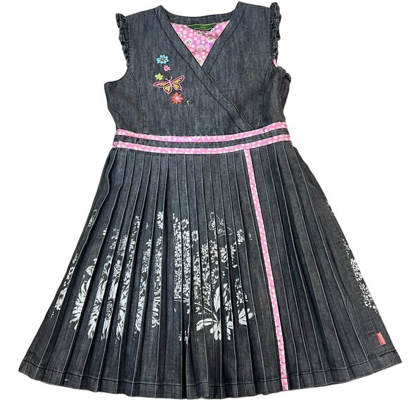 Oilily Girls 9-10 Denim Dress Floral Embroidery Butterfly Pink Accents Pleated S - Picture 1 of 13